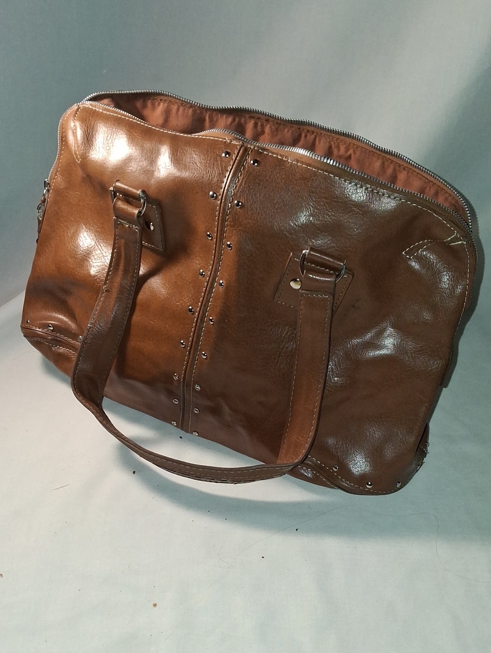 Women's Brown Faux Leather Shoulder Tote Bag With Silver Stud Embellishment